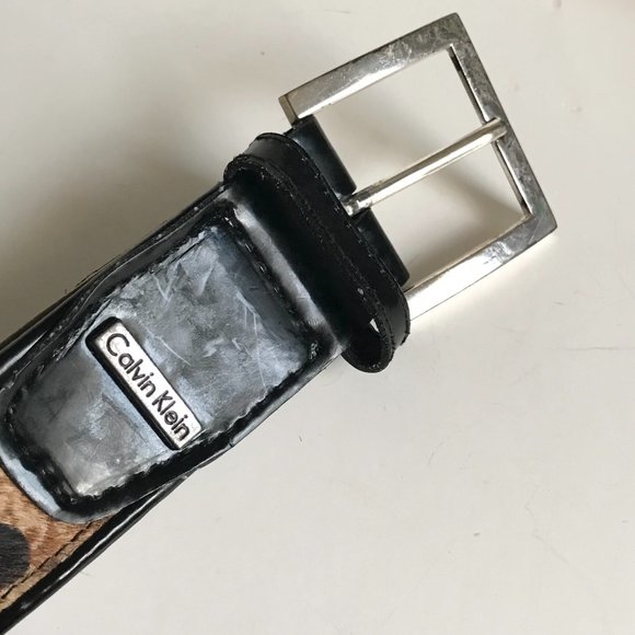 Vtg Calvin Klein Brown Black Leather Belt Womens Size M Cow Fur Spots Cowgirl - Picture 12 of 16